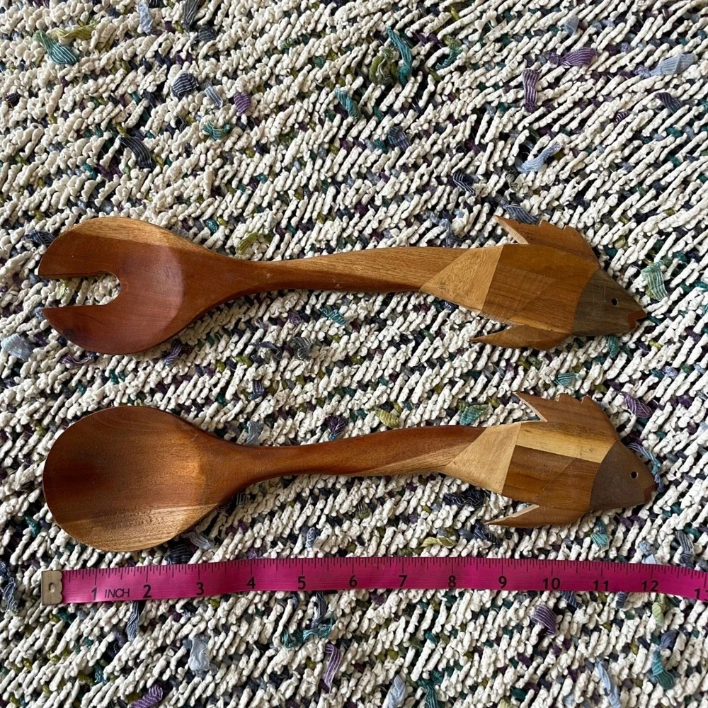Artisan Crafted Wooden Fish Salad‎ Servers Spoon & Fork Set Unique Kitchen VTG